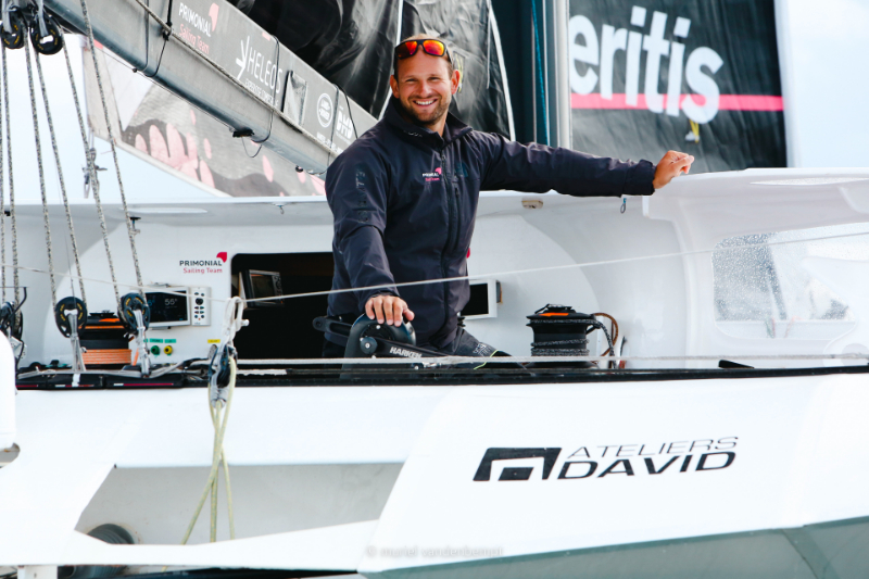 Sébastien ROGUES à bord de son Ocean Fifty pour le départ de la Route du Rhum 2022